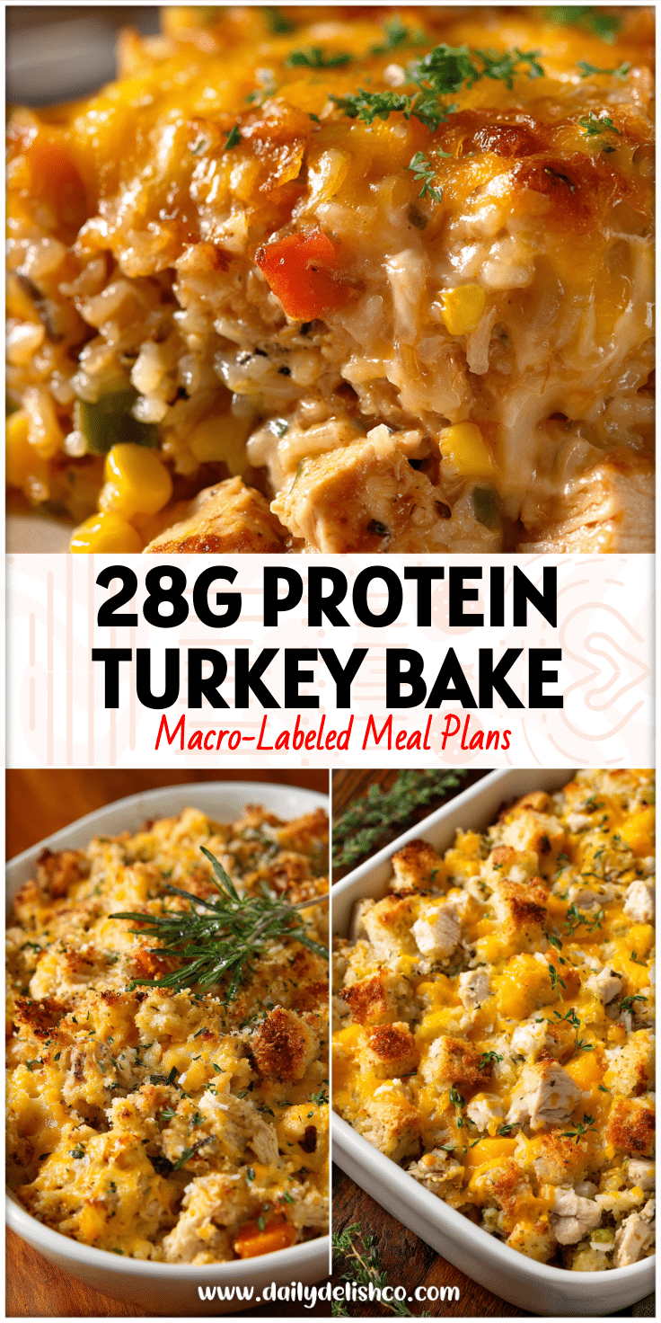 Golden Cheesy Turkey casserole baked with rice and vegetables, a comforting dish for Turkey Recipes Ideas